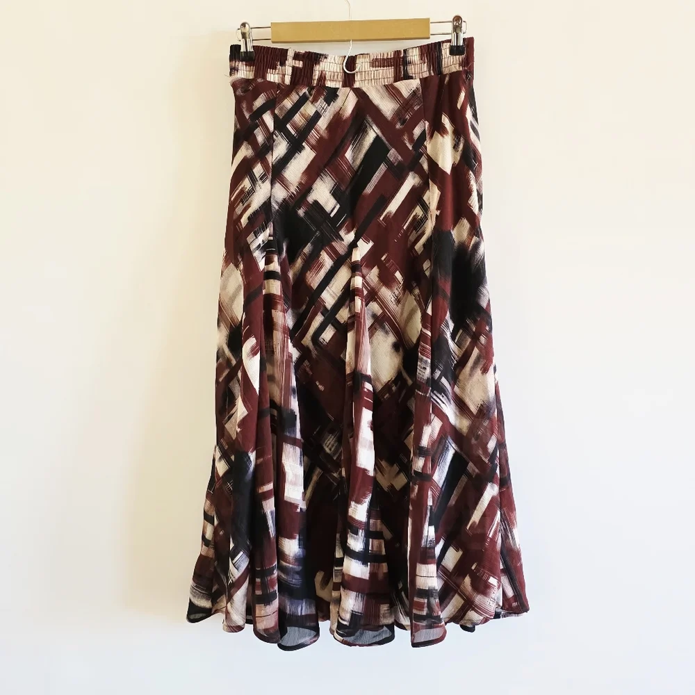 Anthropologie Lapiz Artsy Abstract Patterned Burgundy/Black Midi Skirt Size M